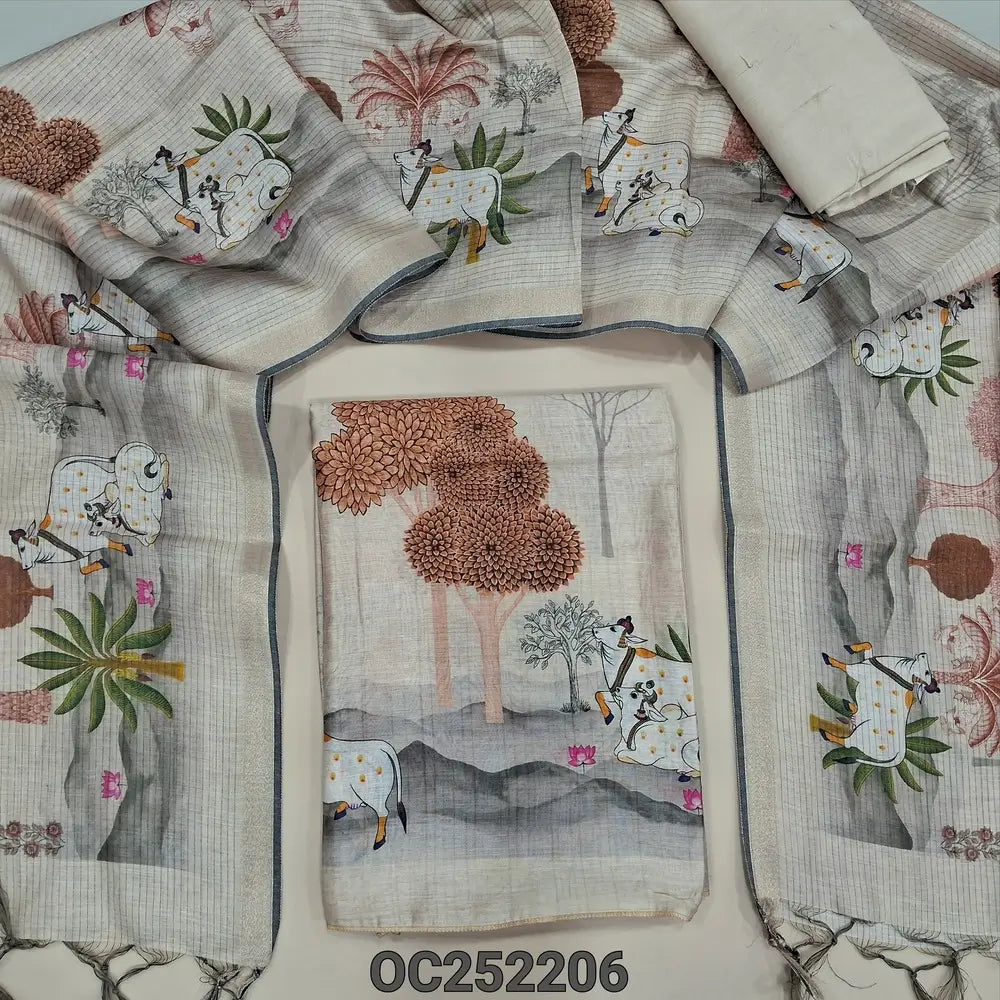 Digital printed Light Beige silk cotton unstitched salwar material (thin, lining needed) pichwai printed in daman, matching santoon bottom, pichwai printed soft silk cotton dupatta. OC252206