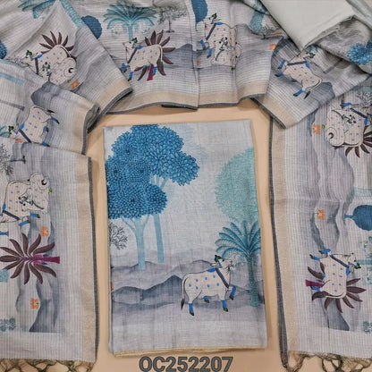 Digital printed Light greyish blue silk cotton unstitched salwar material (thin, lining needed) pichwai printed in daman, matching santoon bottom, pichwai printed soft silk cotton dupatta. OC252207