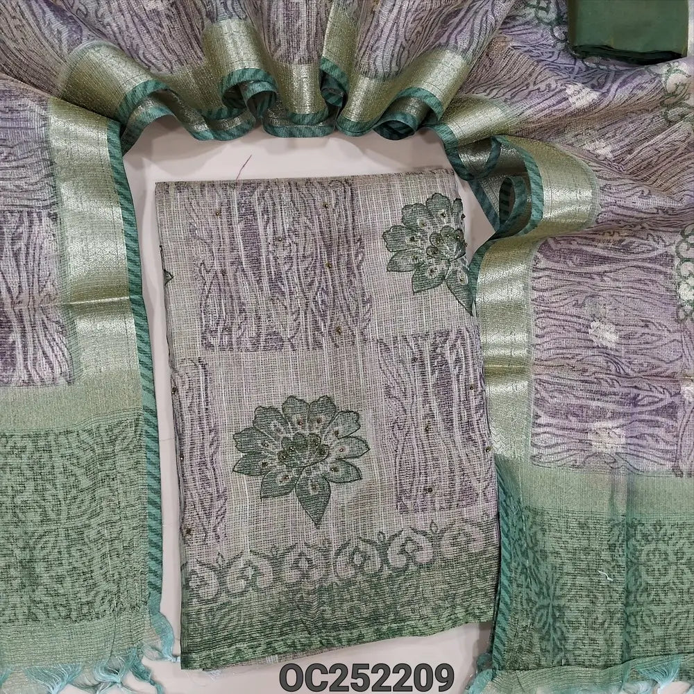 Floral printed green & grey tissue kota silk cotton unstitched salwar material (thin, lining needed) bead work on front, green silk cotton bottom, printed, zari buttas on silk cotton dupatta zari borders & tassels. OC252208