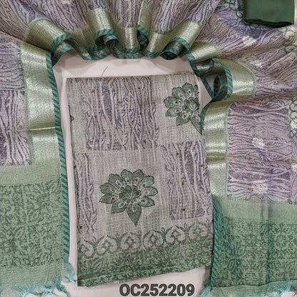Floral printed green & grey tissue kota silk cotton unstitched salwar material (thin, lining needed) bead work on front, green silk cotton bottom, printed, zari buttas on silk cotton dupatta zari borders & tassels. OC252208