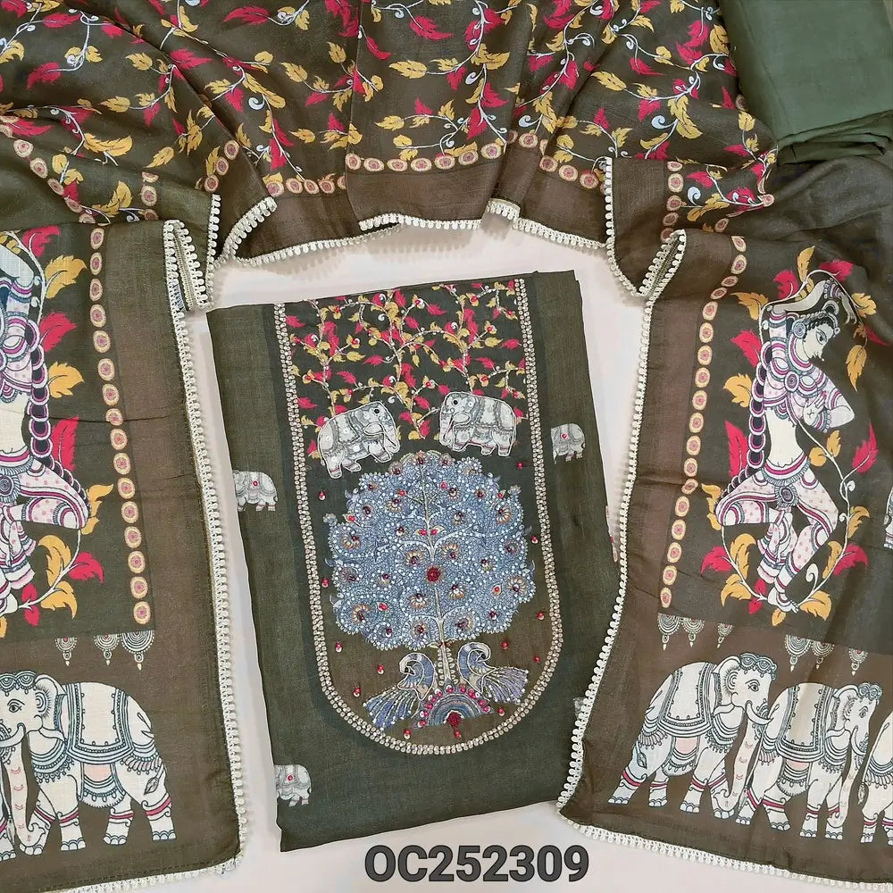 Dark olive Green Tissue silk cotton unstitched salwar material (silky, Lining Needed) elephant print allover, bead work on yoke, matching santoon bottom, digital printed tissue silk cotton shorth width dupatta with tapings. OC252309