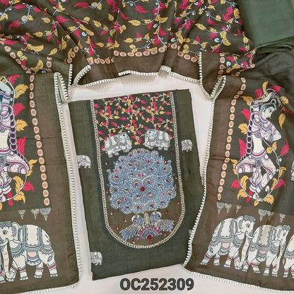 Dark olive Green Tissue silk cotton unstitched salwar material (silky, Lining Needed) elephant print allover, bead work on yoke, matching santoon bottom, digital printed tissue silk cotton shorth width dupatta with tapings. OC252309