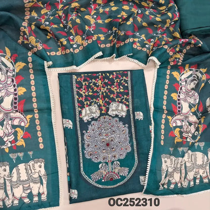 Deep teal Blue Tissue linen unstitched salwar material (silky, Lining Needed) elephant print allover, bead work on yoke, matching santoon bottom, digital printed tissue silk cotton dupatta shorth width with tapings. OC252310