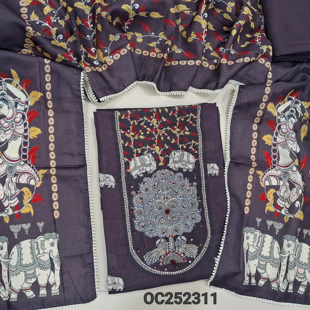 Deep wine Purple Tissue silk cotton unstitched salwar material (silky, Lining Needed) elephant print allover, bead work on yoke, matching santoon bottom, digital printed tissue silk cotton dupatta with tapings. OC252311
