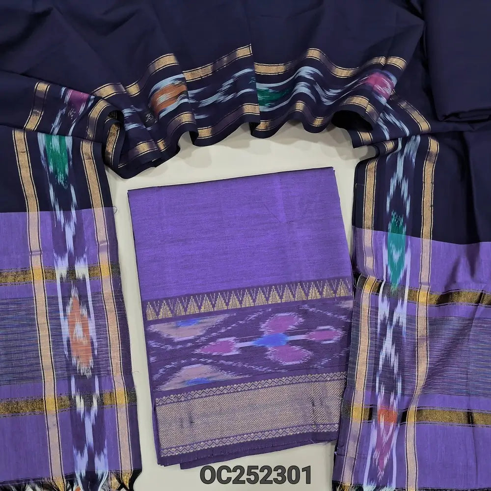 Light Purple silk cotton unstitched salwar material, thread woven design on daman(lining needed) dark blue silk cotton bottom, dual shaded silk cotton dupatta with ikat woven borders & tassels. OC252301