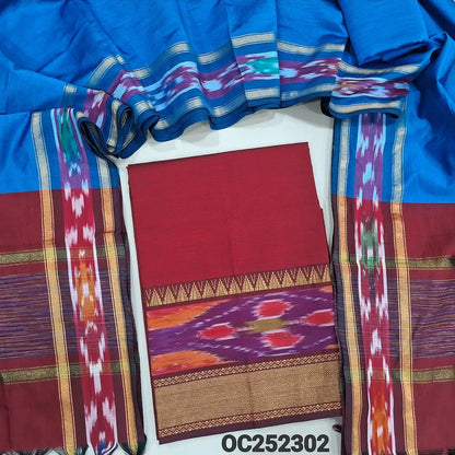 Reddish maroon silk cotton unstitched salwar material, thread woven design on daman(lining needed) turquoise blue silk cotton bottom, dual shaded silk cotton dupatta with ikat woven borders & tassels. OC252302