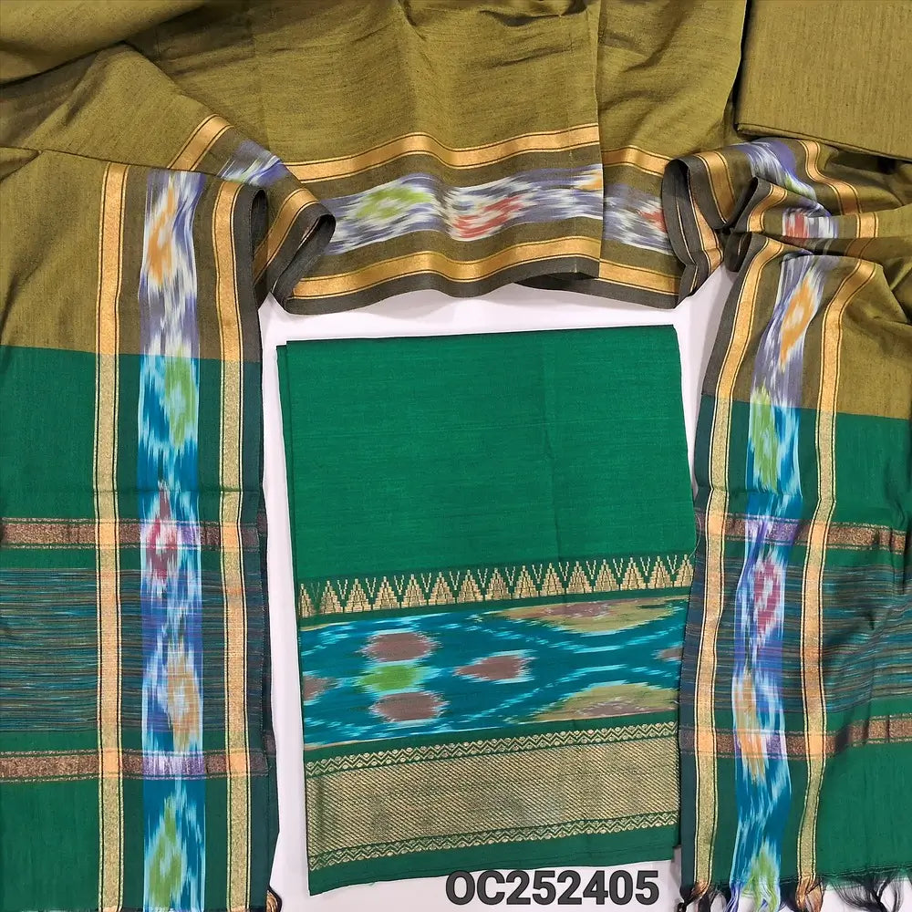 Bottle Green silk cotton unstitched salwar material, thread woven design on daman(lining needed) mehandhi green silk cotton bottom, dual shaded silk cotton dupatta with ikat woven borders & tassels. OC252305