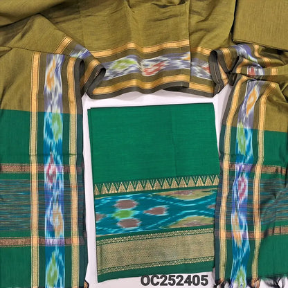 Bottle Green silk cotton unstitched salwar material, thread woven design on daman(lining needed) mehandhi green silk cotton bottom, dual shaded silk cotton dupatta with ikat woven borders & tassels. OC252305