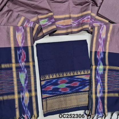 Dark Blue silk cotton unstitched salwar material, thread woven design on daman(lining needed) onion pink silk cotton bottom, dual shaded silk cotton dupatta with ikat woven borders & tassels. OC252306