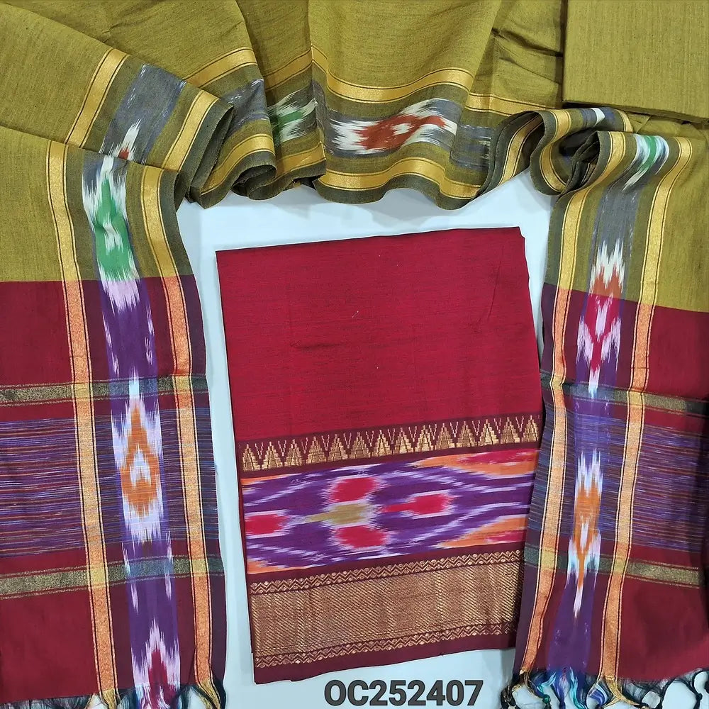 Reddish Maroon silk cotton unstitched salwar material, thread woven design on daman(lining needed) mehandhi green silk cotton bottom, dual shaded silk cotton dupatta with ikat woven borders & tassels. OC252307
