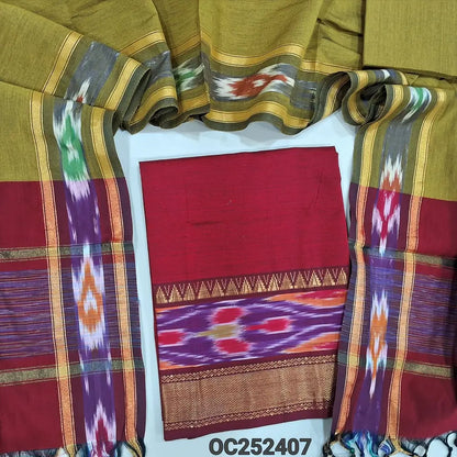 Reddish Maroon silk cotton unstitched salwar material, thread woven design on daman(lining needed) mehandhi green silk cotton bottom, dual shaded silk cotton dupatta with ikat woven borders & tassels. OC252307