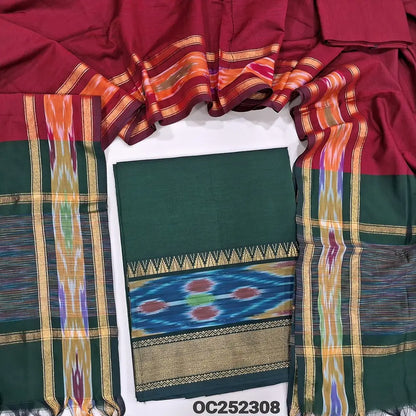 Deep Green silk cotton unstitched salwar material, thread woven design on daman(lining needed) reddish maroon silk cotton bottom, dual shaded silk cotton dupatta with ikat woven borders & tassels. OC252308