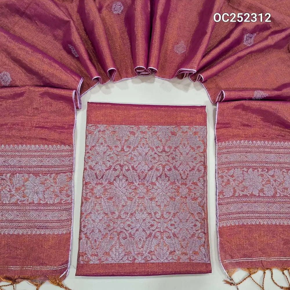 Designer Pink & golden tint Tissue linen unstitched salwar material (silky, Lining Needed) heavy silver zari banarasi woven on daman, NO BOTTOM, tissue linen full length dupatta with silver zari woven  on pallu & tassels. OC252312