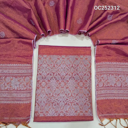 Designer Pink & golden tint Tissue linen unstitched salwar material (silky, Lining Needed) heavy silver zari banarasi woven on daman, NO BOTTOM, tissue linen full length dupatta with silver zari woven  on pallu & tassels. OC252312