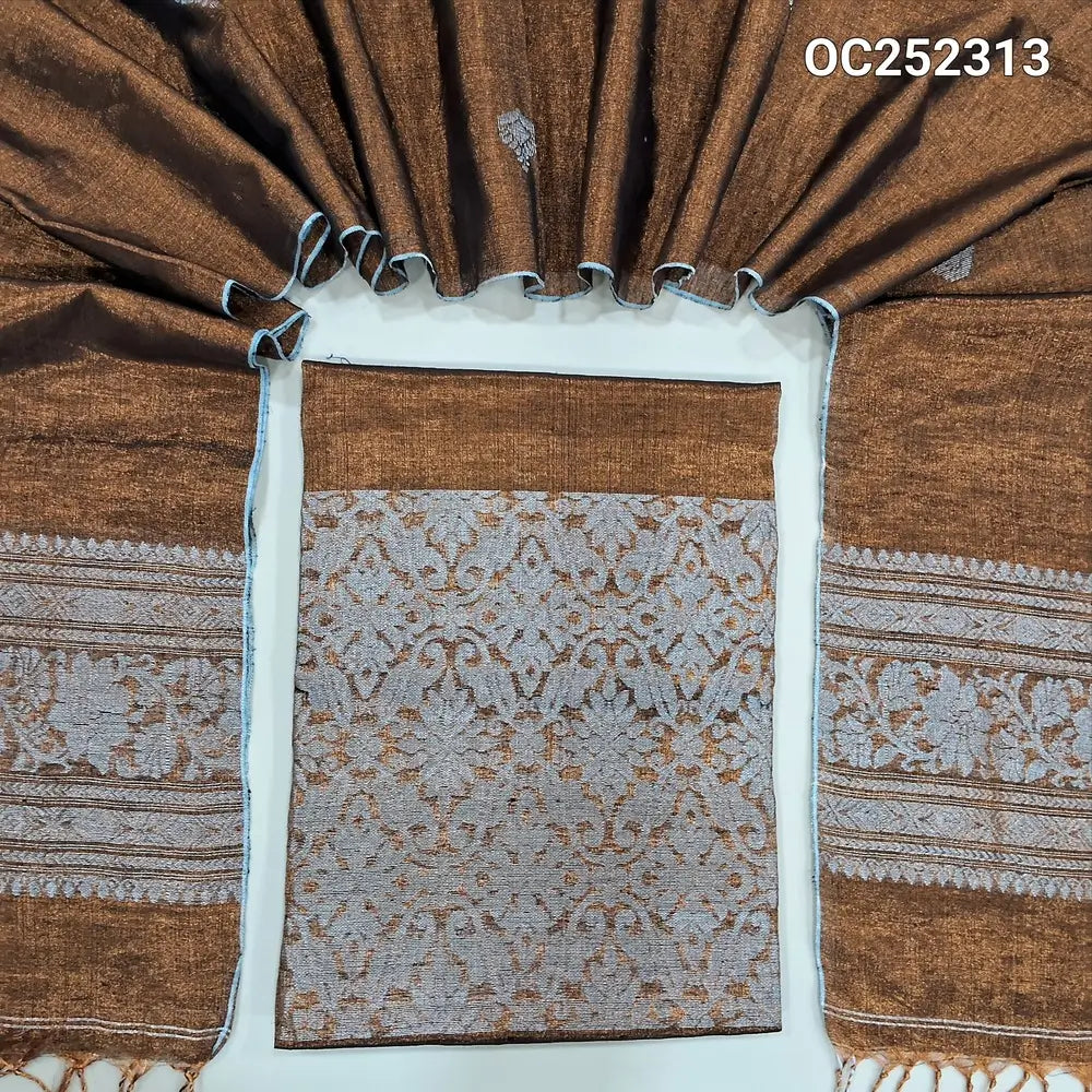 Designer honey Brown & golden tint Tissue linen unstitched salwar material (silky, Lining Needed) heavy silver zari banarasi woven on daman, NO BOTTOM, tissue linen full length dupatta with silver zari woven  on pallu & tassels. OC252313