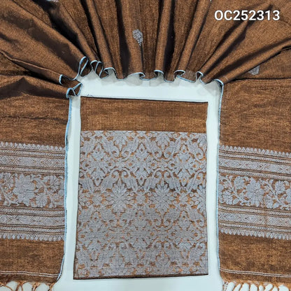 Designer honey Brown & golden tint Tissue linen unstitched salwar material (silky, Lining Needed) heavy silver zari banarasi woven on daman, NO BOTTOM, tissue linen full length dupatta with silver zari woven  on pallu & tassels. OC252313