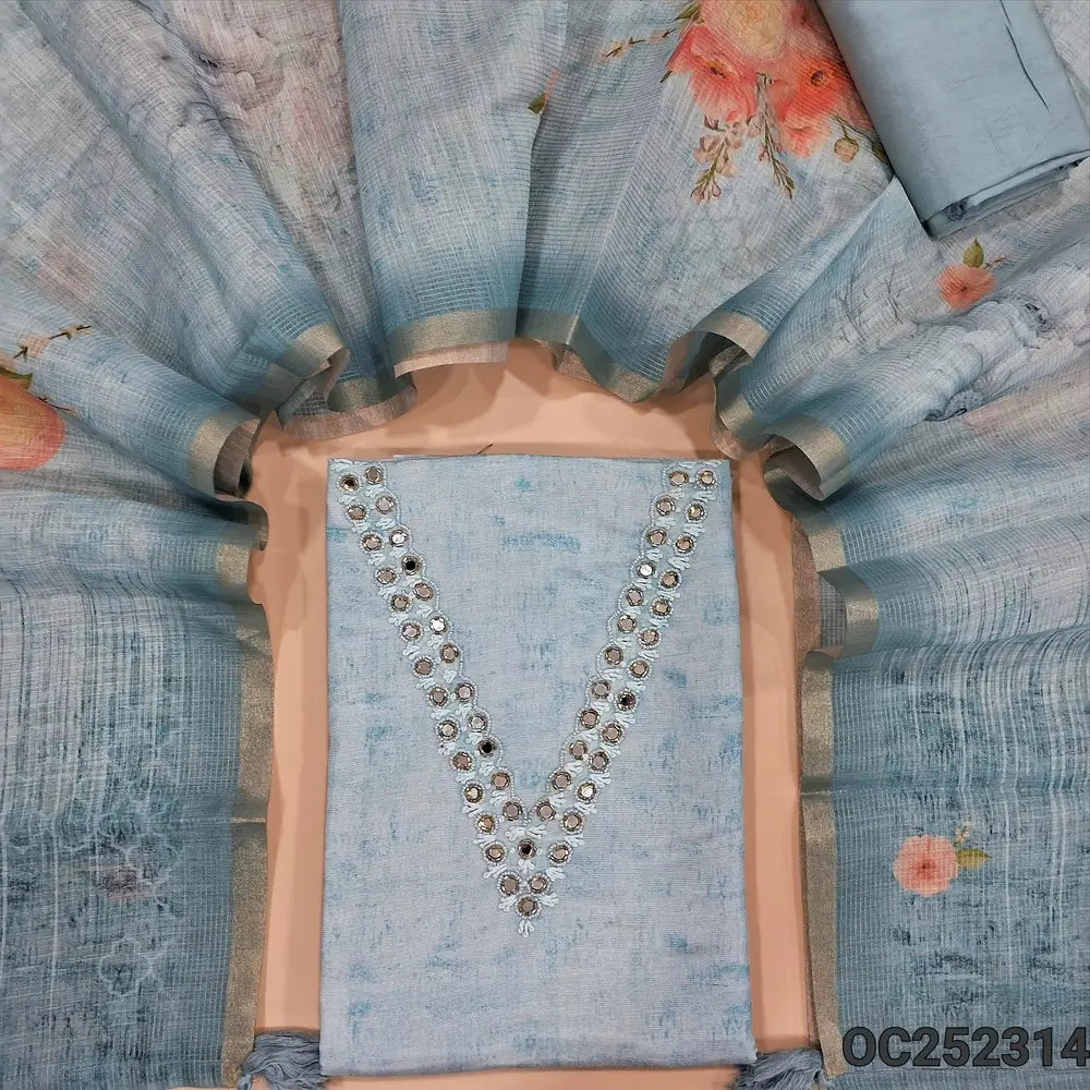 Digital abstract printed pastel Blue silk cotton unstitched salwar material (silky, Lining Needed) real mirror & bead work on yoke, matching silky bottom, digital printed silk cotton dupatta. OC252314