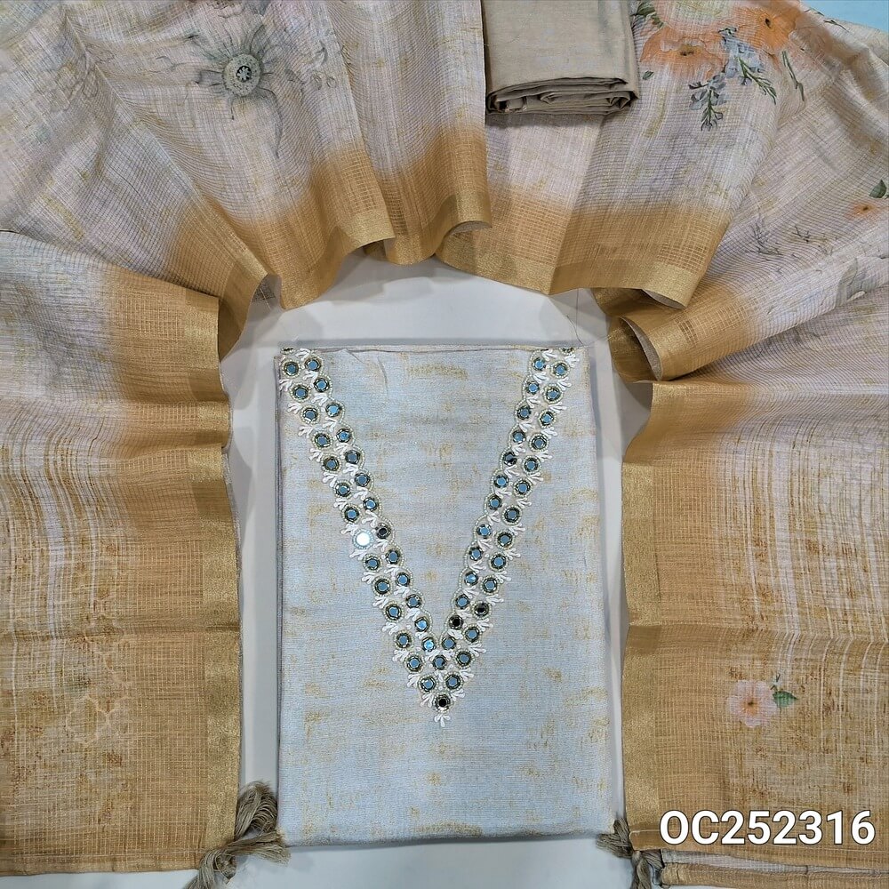 Digital abstract printed light Beige silk cotton unstitched salwar material (silky, Lining Needed) real mirror & bead work on yoke, matching silky bottom, digital printed silk cotton dupatta. OC252316
