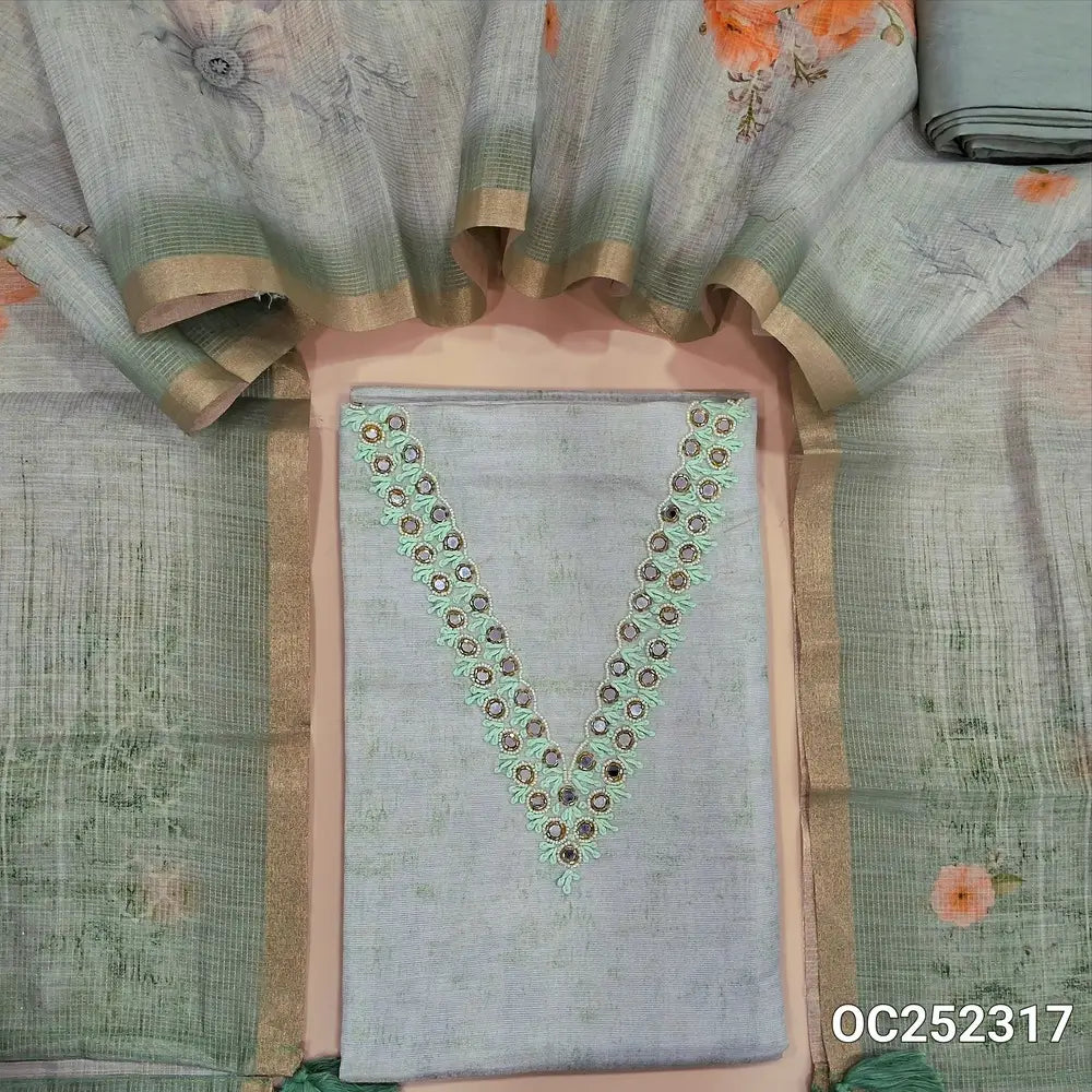 Digital abstract printed Pale Green silk cotton unstitched salwar material (silky, Lining Needed) real mirror & bead work on yoke, matching silky bottom, digital printed silk cotton dupatta. OC252317