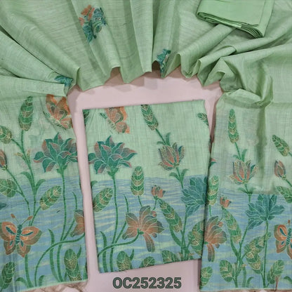 Pastel Green Jamdani woven silk cotton unstitched salwar material (Thin, Soft, Lining Needed) silky or cotton bottom, jamdani woven silk cotton dupatta. OC252325