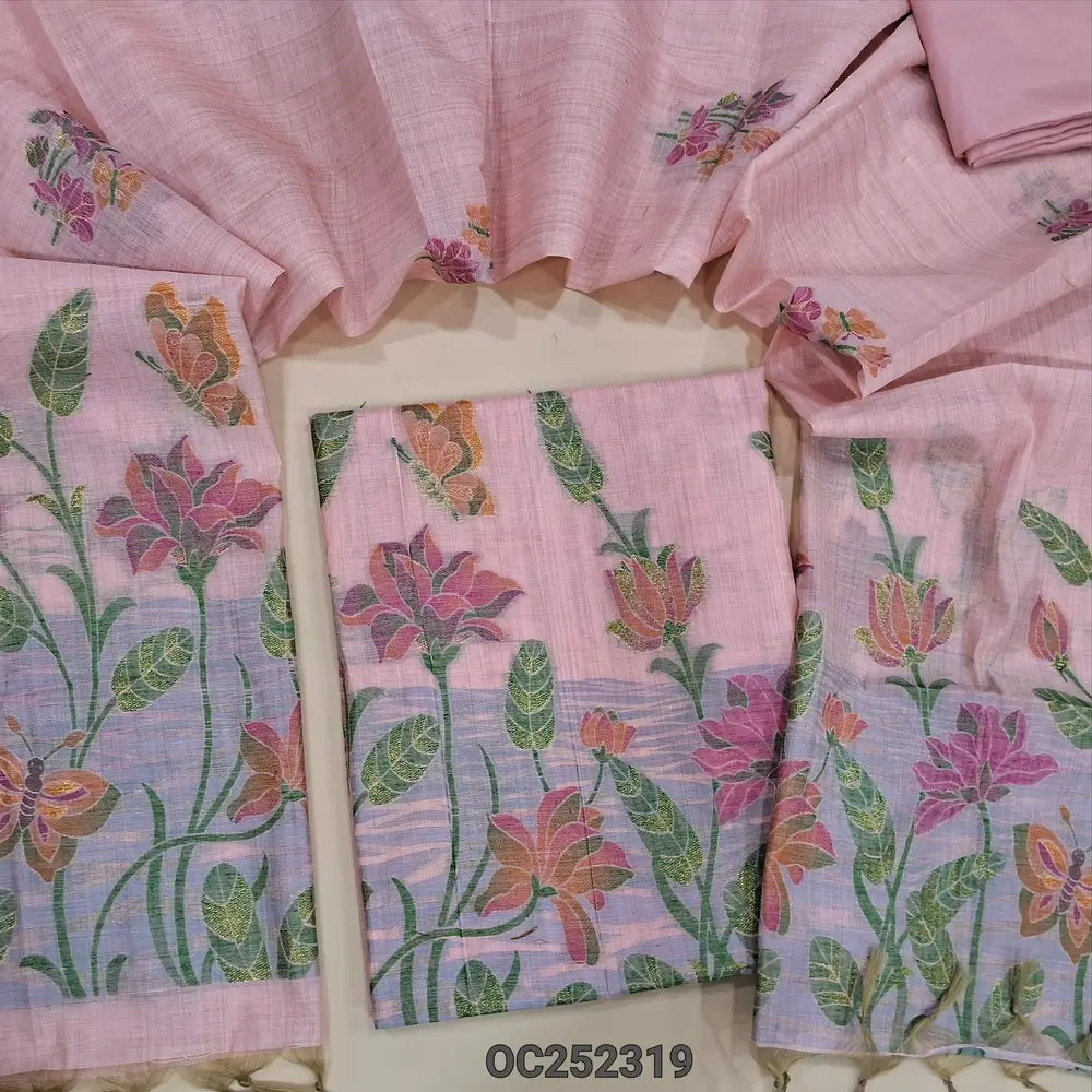 Pastel Pink Jamdani woven silk cotton unstitched salwar material (Thin, Soft, Lining Needed) cotton or silky bottom, jamdani woven silk cotton dupatta. OC252319