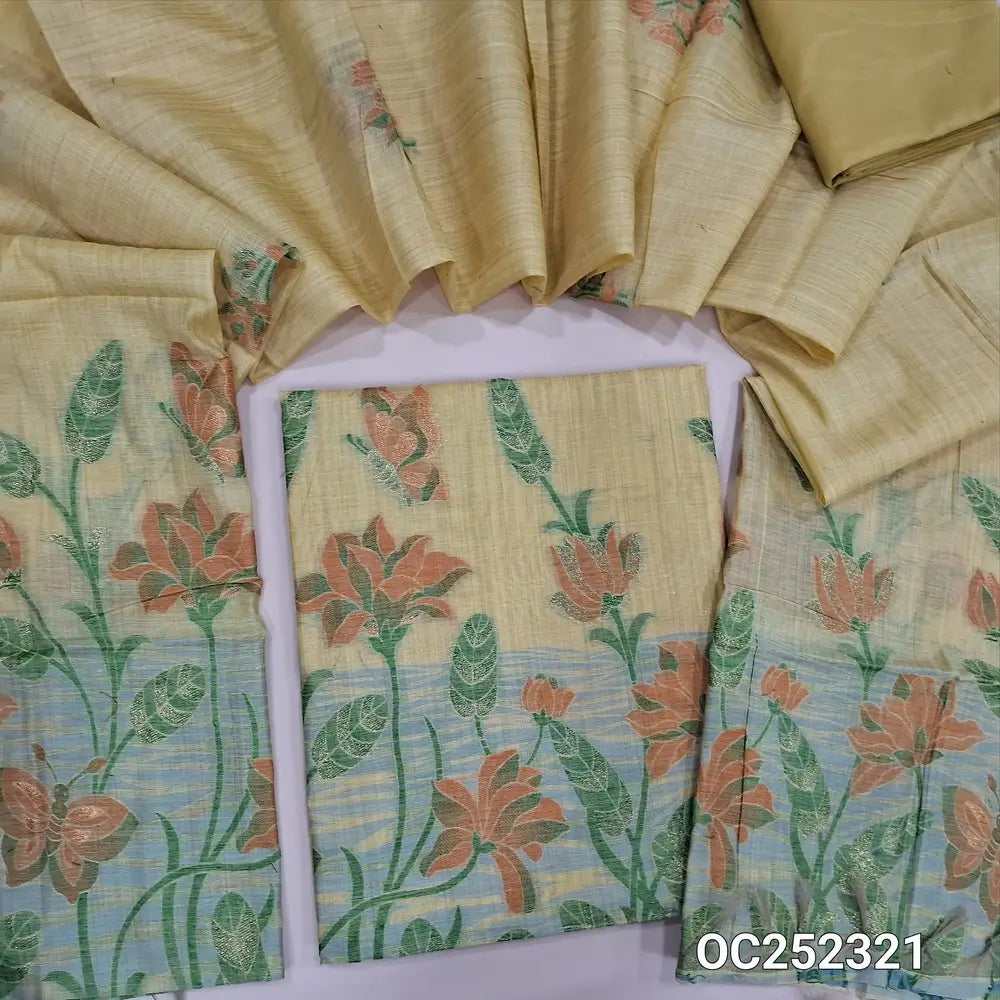 Pastel Yellow Jamdani woven silk cotton unstitched salwar material (Thin, Soft, Lining Needed) cotton or silky bottom, jamdani woven silk cotton dupatta. OC252321