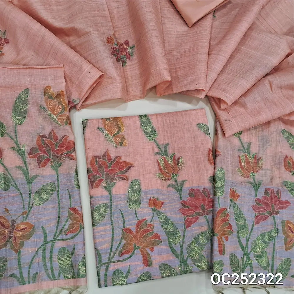 Peachish pink Jamdani woven silk cotton unstitched salwar material (Thin, Soft, Lining Needed) silky or cotton bottom, jamdani woven silk cotton dupatta. OC252322