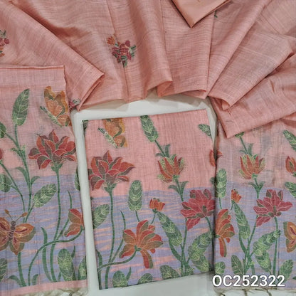 Peachish pink Jamdani woven silk cotton unstitched salwar material (Thin, Soft, Lining Needed) silky or cotton bottom, jamdani woven silk cotton dupatta. OC252322
