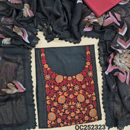 Black cotton unstitched salwar material, embroidered on yoke(lining optional) schiffli work on front, maroon cotton bottom, hand brush painted fancy chiffon dupatta with lace tapings. OC252324