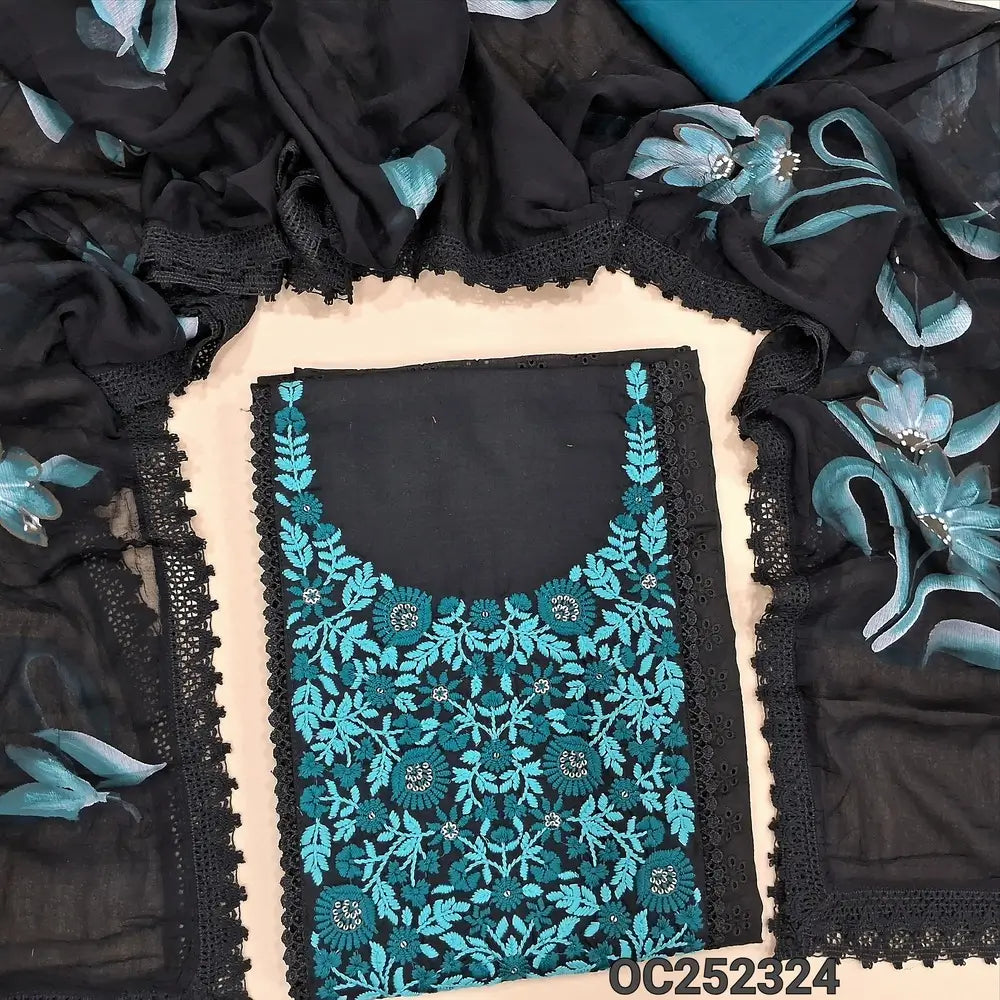 Black cotton unstitched salwar material, embroidered on yoke(lining optional) schiffli work on front, teal blue cotton bottom, hand brush painted fancy chiffon dupatta with lace tapings. OC252323