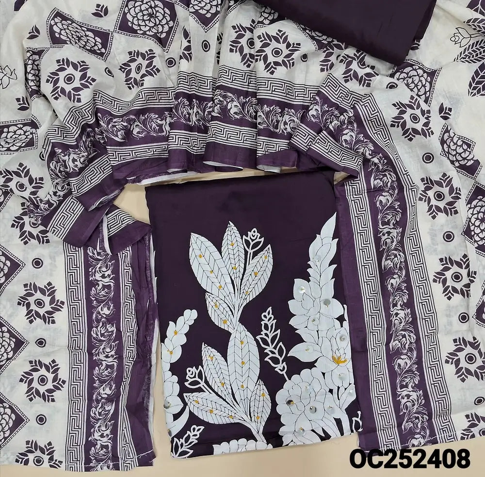 Printed deep wine Purple satin cotton unstitched salwar material,(lining optional) faux mirror, French knot work on daman, matching spun cotton bottom, printed cotton dupatta. OC252408