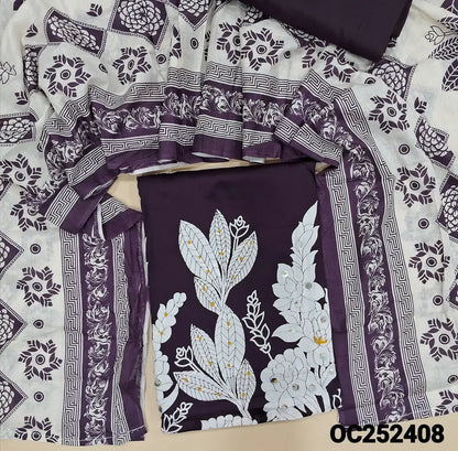Printed deep wine Purple satin cotton unstitched salwar material,(lining optional) faux mirror, French knot work on daman, matching spun cotton bottom, printed cotton dupatta. OC252408
