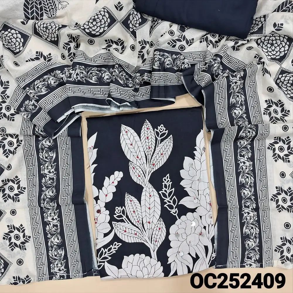 Printed dark Blue satin cotton unstitched salwar material,(lining optional) faux mirror, French knot work on daman, matching spun cotton bottom, printed cotton dupatta. OC252409