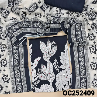 Printed dark Blue satin cotton unstitched salwar material,(lining optional) faux mirror, French knot work on daman, matching spun cotton bottom, printed cotton dupatta. OC252409