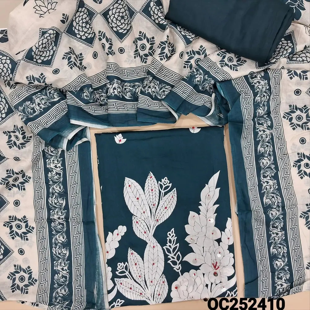 Printed teal Blue satin cotton unstitched salwar material,(lining optional) faux mirror, French knot work on daman, matching spun cotton bottom, printed cotton dupatta. OC252410