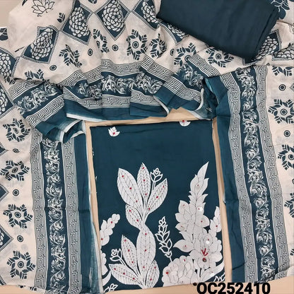 Printed teal Blue satin cotton unstitched salwar material,(lining optional) faux mirror, French knot work on daman, matching spun cotton bottom, printed cotton dupatta. OC252410