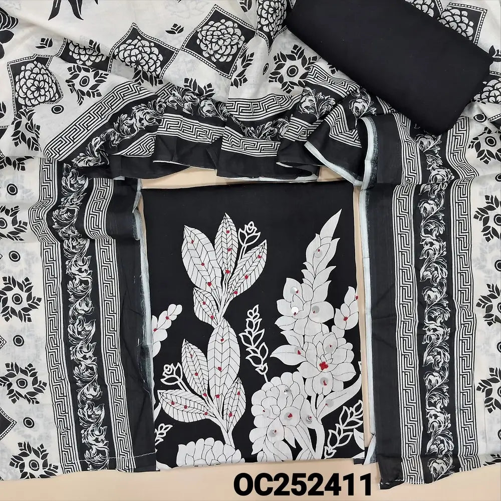 Printed Black satin cotton unstitched salwar material,(lining optional) faux mirror, French knot work on daman, matching spun cotton bottom, printed cotton dupatta. OC252411