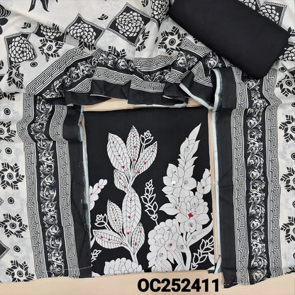 Printed Black satin cotton unstitched salwar material,(lining optional) faux mirror, French knot work on daman, matching spun cotton bottom, printed cotton dupatta. OC252411