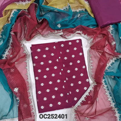 Rani Pink fancy silk cotton unstitched salwar material,(lining needed) zari buttas on front, simple yoke, matching silky bottom, zari and sequence work on multicolor fancy organza dupatta with fancy tapings. OC252401