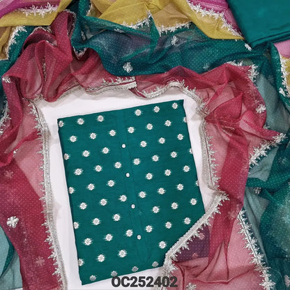 Teal Green fancy silk cotton unstitched salwar material,(lining needed) zari buttas on front, simple yoke, matching silky bottom, zari and sequence work on multicolor fancy organza dupatta with fancy tapings. OC252402