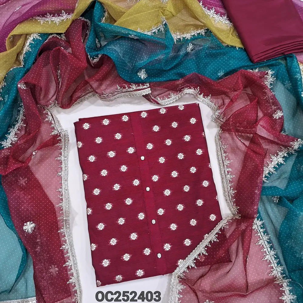Reddish Maroon fancy silk cotton unstitched salwar material,(lining needed) zari buttas on front, simple yoke, matching silky bottom, zari and sequence work on multicolor fancy organza dupatta with fancy tapings. OC252403
