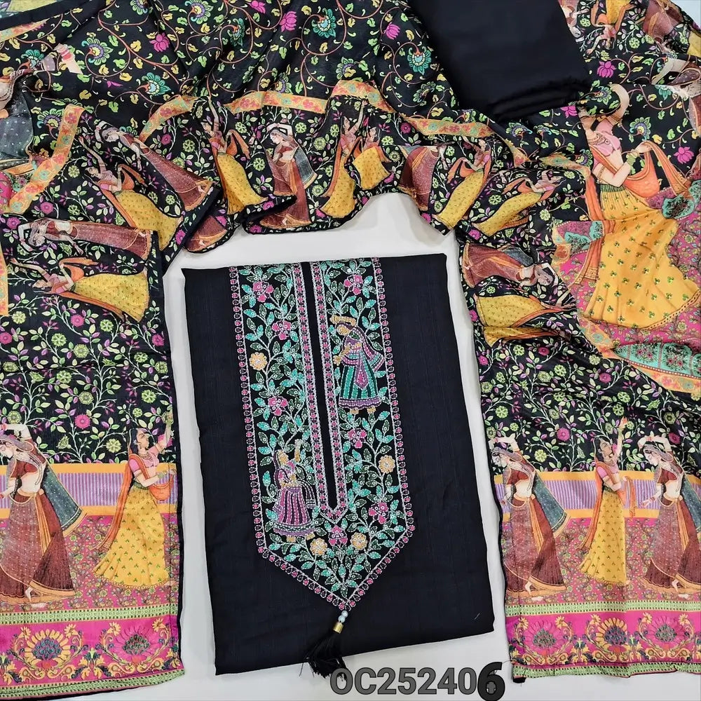 Black premium soft silk cotton unstitched salwar material,(lining optional) colorful embroidery work on yoke, matching spun cotton bottom, digital colorful printed crepe silk shorth width dupatta. OC252406