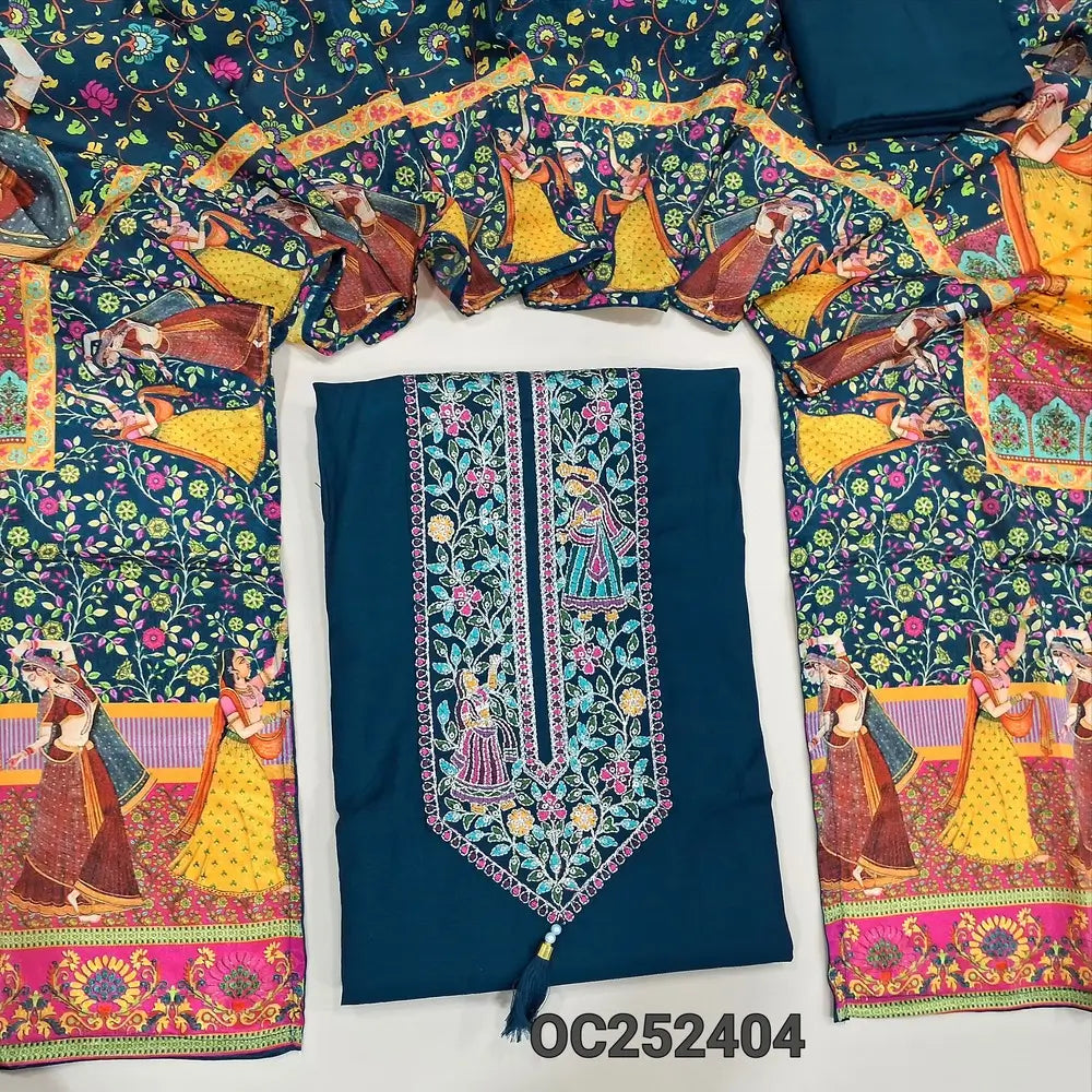 Dark Blue premium soft silk cotton unstitched salwar material,(lining optional) colorful embroidery work on yoke, matching spun cotton bottom, digital colorful printed crepe silk short width dupatta. OC252404