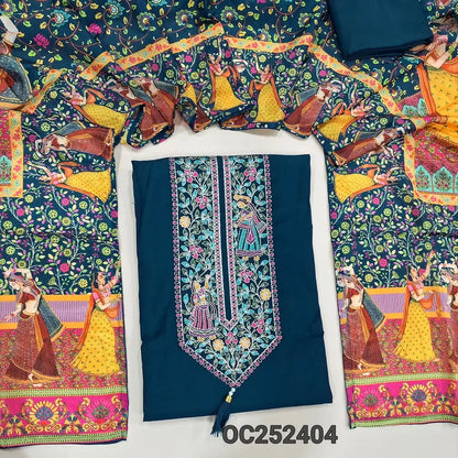 Dark Blue premium soft silk cotton unstitched salwar material,(lining optional) colorful embroidery work on yoke, matching spun cotton bottom, digital colorful printed crepe silk short width dupatta. OC252404