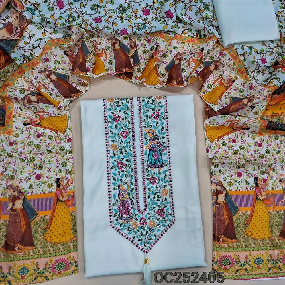 Half White premium soft silk cotton unstitched salwar material,(lining optional) colorful embroidery work on yoke, matching spun cotton bottom, digital colorful printed crepe silk short width dupatta. OC252405