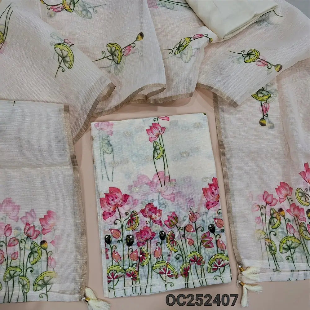 Digital floral printed Half White kota silk cotton unstitched salwar material,(thin, lining needed) embroidery work on daman, matching santoon bottom, Digital floral printed supernet dupatta. OC252407