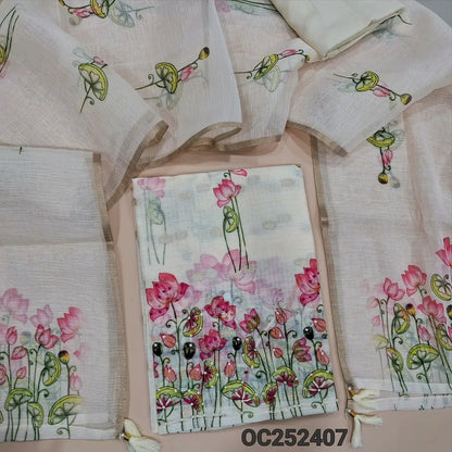 Digital floral printed Half White kota silk cotton unstitched salwar material,(thin, lining needed) embroidery work on daman, matching santoon bottom, Digital floral printed supernet dupatta. OC252407