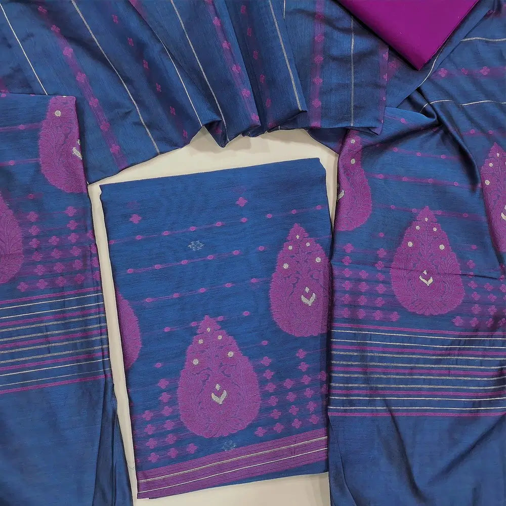 Blue jamdani woven fancy silk cotton unstitched salwar material, thread woven design on daman(lining needed) thread, zari buttas on front, rani pink cotton bottom, jamdani woven fancy silk cotton dupatta with tassels. OC252412