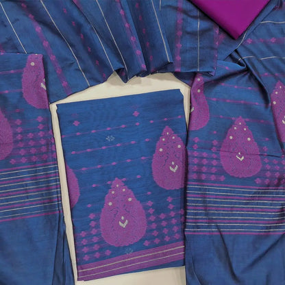 Blue jamdani woven fancy silk cotton unstitched salwar material, thread woven design on daman(lining needed) thread, zari buttas on front, rani pink cotton bottom, jamdani woven fancy silk cotton dupatta with tassels. OC252412