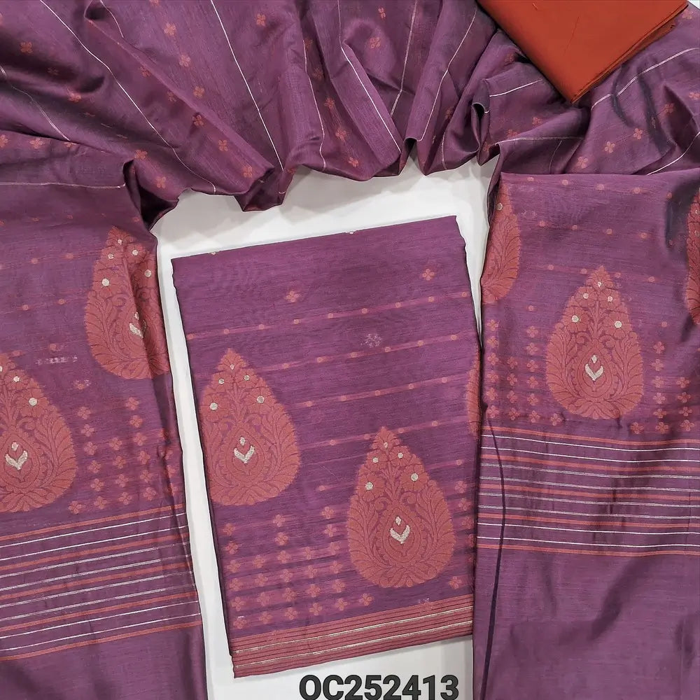 Light beetroot Purple jamdani woven fancy silk cotton unstitched salwar material, thread woven design on daman(lining needed) thread, zari buttas on front, brick red cotton bottom, jamdani woven fancy silk cotton dupatta with tassels. OC252413